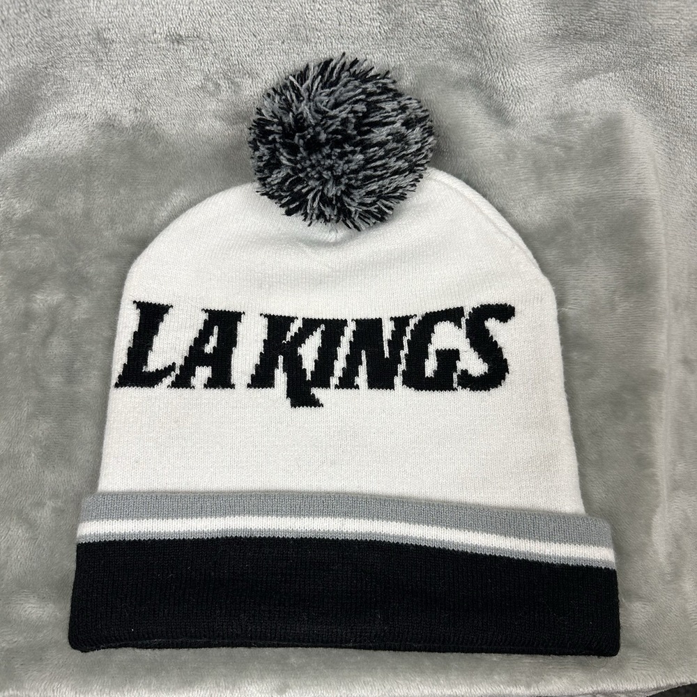 Los Angeles Kings Hat Beanie Unisex Black White Gray NHL Hockey Pom Pom Cuffed